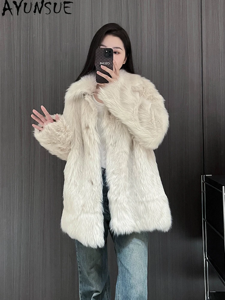 AYUNSUE 2025 Shearlingแจ็คเก็ตผู้หญิงกลางความยาวหรูหราเสื้อขนสัตว์สําหรับเสื้อผ้าผู้หญิงคุณภาพสูงฤดูหนาวเสื้อขนสัตว์то Ж