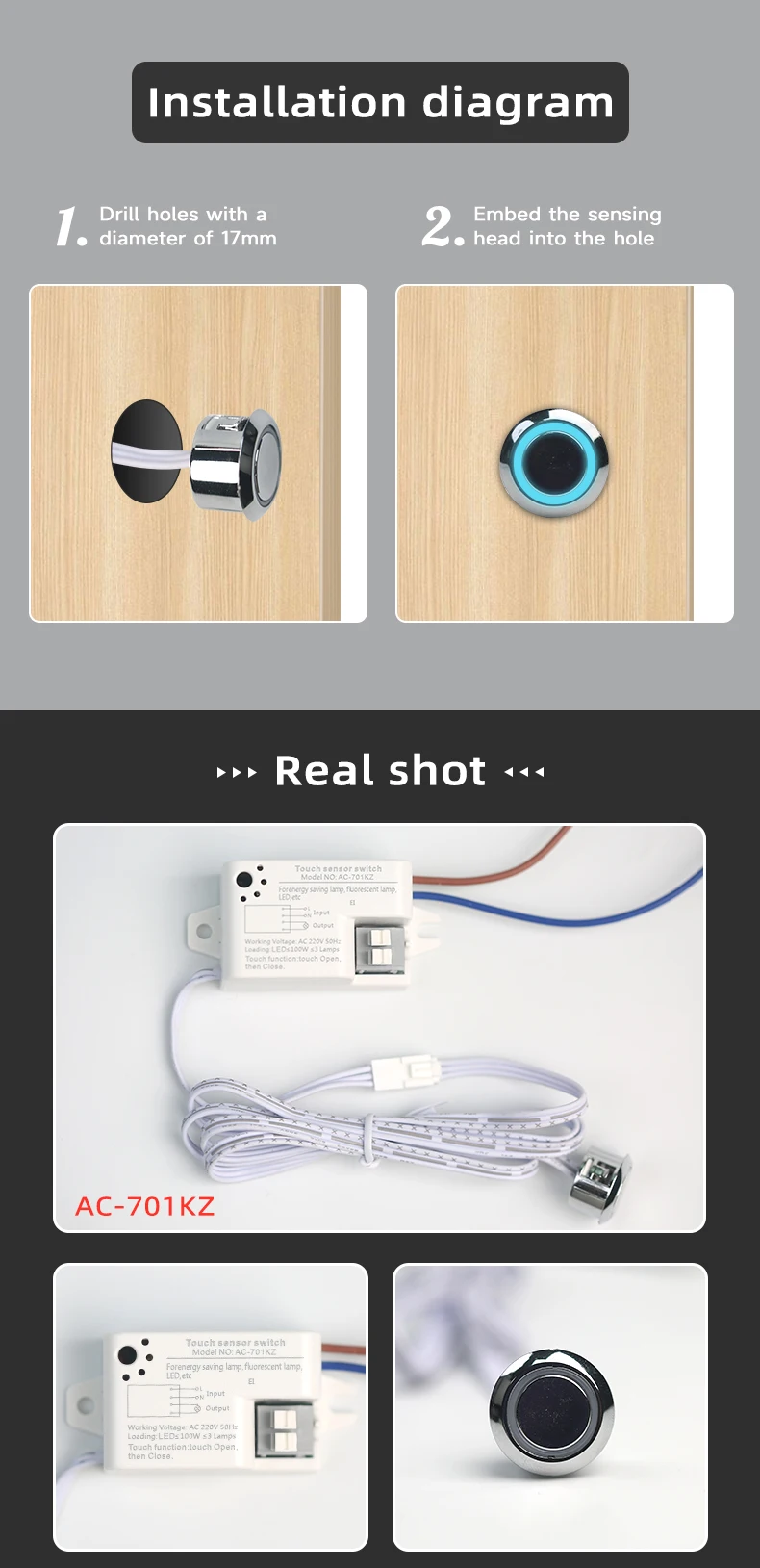 AC 85V/265V Infrarot-Bewegungsmelder-Relaisschalter mit 5-8cm Erfassungsbereich 60W/100W IP21 Smart für Schrankanwendungen – Detail 5