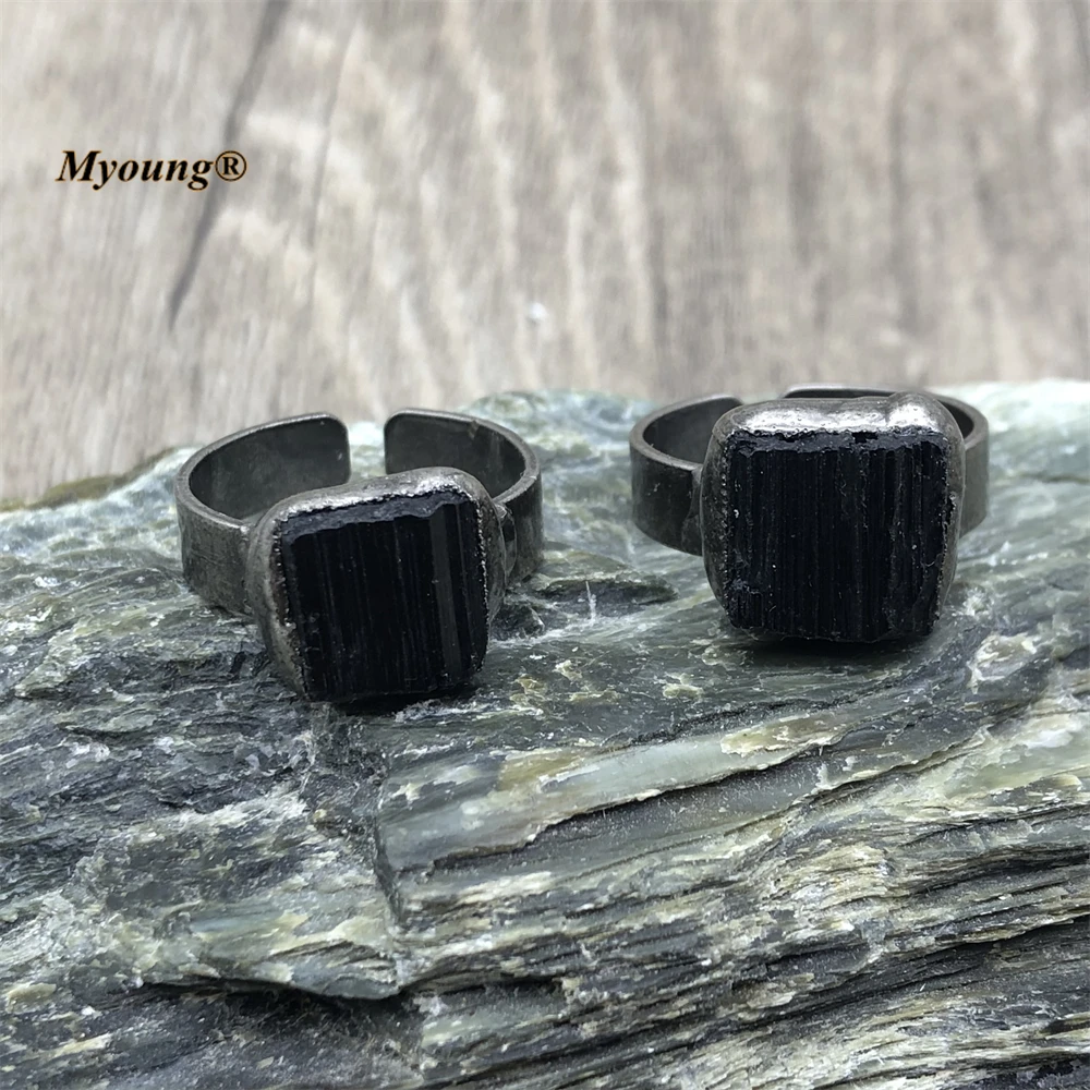 10PCS Gothic Square Shape Natural Black Tourmaline Jet Stone Vintage Adjustable Rings MY220708