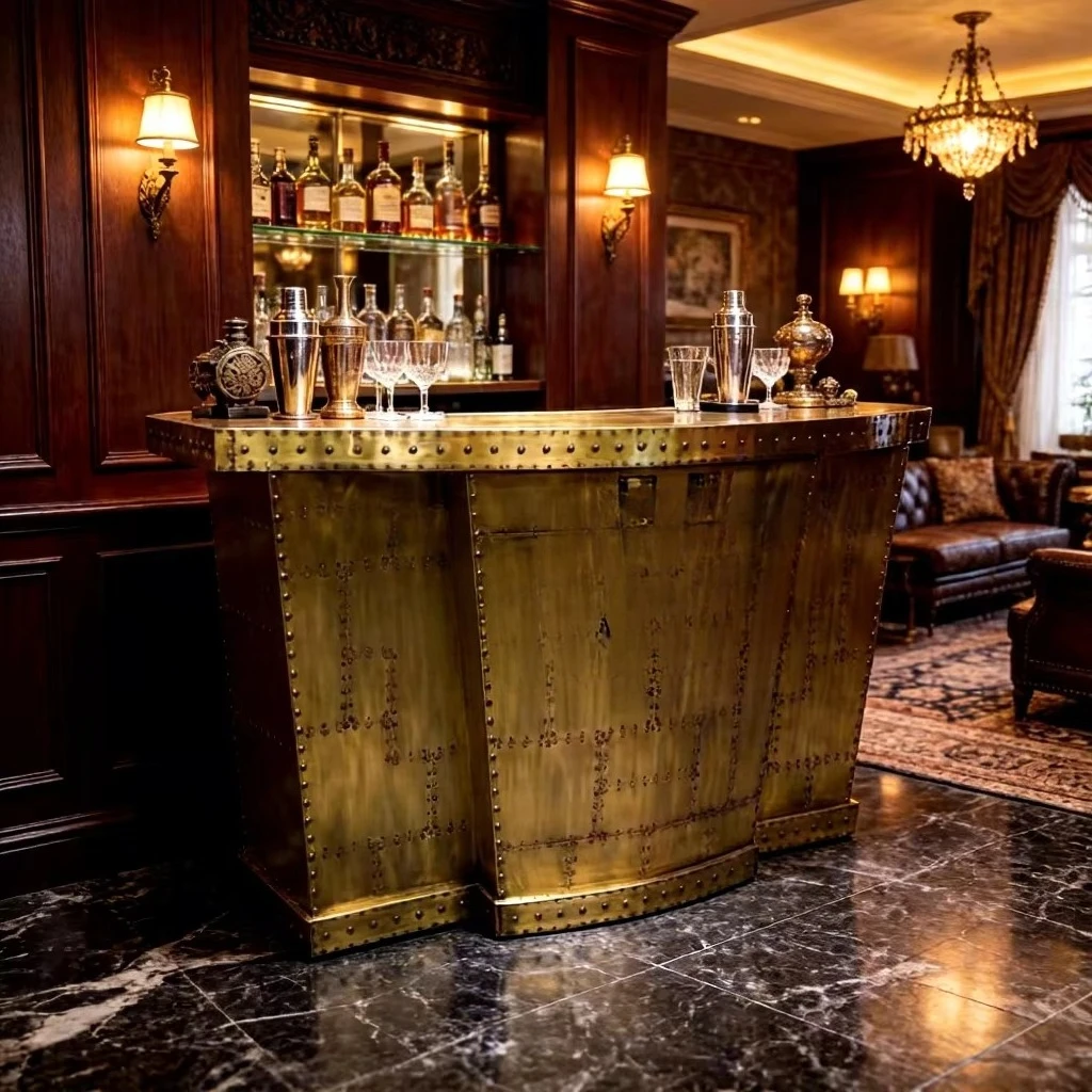 Retro metal brass bar counter, front desk, high-end clubhouse, retro industrial style hotel, front desk, bar, bartending table