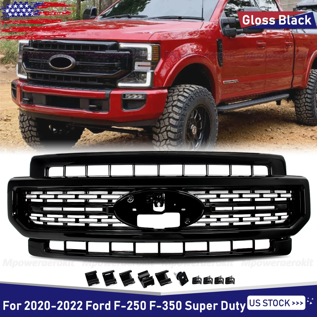 

Car Front Bumper Grille Air Inlet Mask Grill For 2020-2023 Ford F250 F350 Lariat Super Duty Modified Grill Body Kit Glossy Black