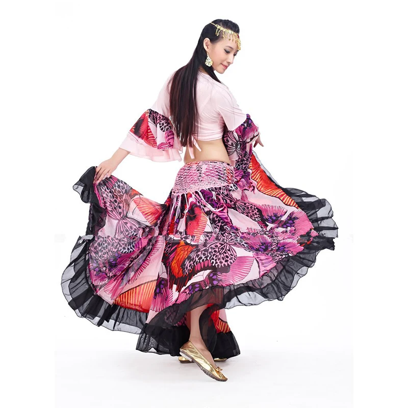 720 Degree Big Swing Flower Butterfly Printed Gypsy Skirt Belly Dance Costume Tribal Clothing Belly Dance Suit Flamenco Clothes