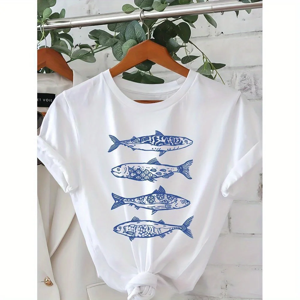 

Women'S Plus Size Sardines Graphic T-Shirt - Casual Crew Neck, Short Sleeve Top with Blue Fish Print, Lightweight Polyester