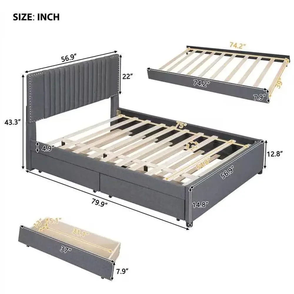 Upholstered Platform Bed with Channel Headboard Design Solid MDF and Pine Wood Frame 2 Storage Drawers Twin XL Trundle Full Size