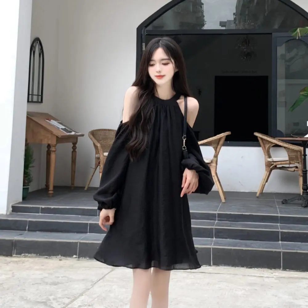

Lantern Sleeve Off Shoulder Halter Dress Korean Style Thin Halter Mini Dress Beachwear Elegant A-line Short Skirt Women
