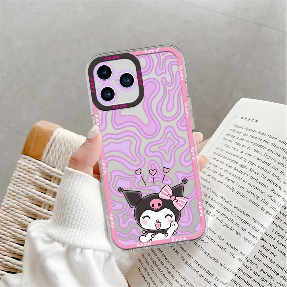 MINISO Cute Kuromi Phone Case for iPhone 12 11 13 14 15 16 Max Pro Plus Transparent Bezel Shell