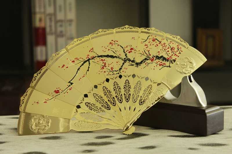 HOT SALE foreign business gift with box plum blossom flower CHINA ART gilding fan copper statue --Collector Edition