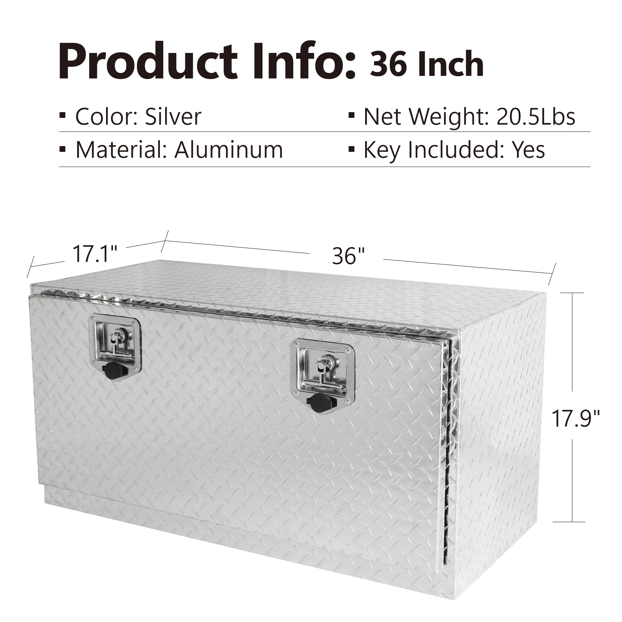 36 Inch Heavy Duty Silver Aluminum Tread Tool Box Truck Trailer Underbody Storage+Locks With T-Handle Latch Key