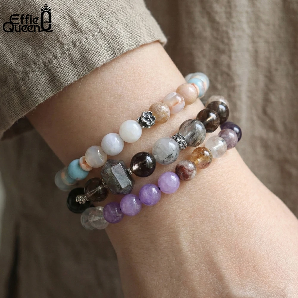 

EFFIE QUEEN Natural Quartz Bracelet S925 Sterling Silver Fashion Stone Black Rutile Healing Crystal Energy Jewelry Gift GMB75