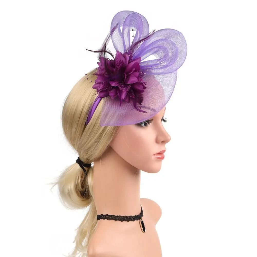 Formal Dress Small Top Hat Headband Luxury British Retro Cocktail Bridal Mesh Ribbons Cap with Ear Clip Clear Beads