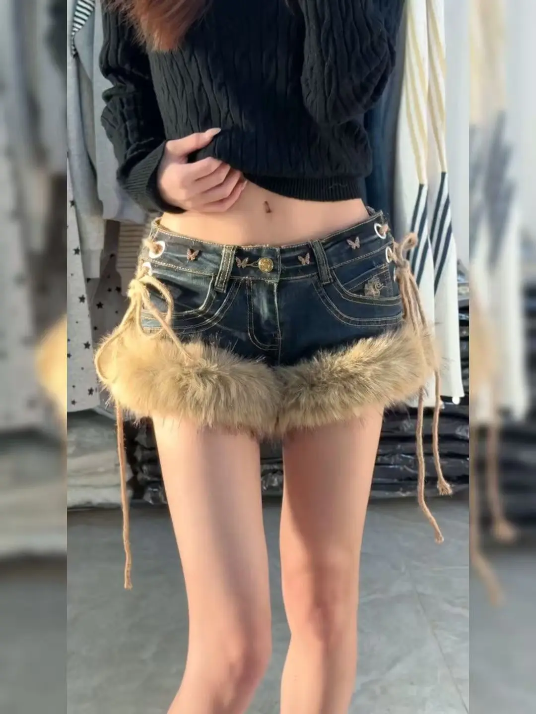Y2k Harajuku Vintage Fluffy Splicing Denim Shorts Women Coquette Low Rise Skinny Jeans Shorts Slim Sexy Hot Pants Goth Clothes