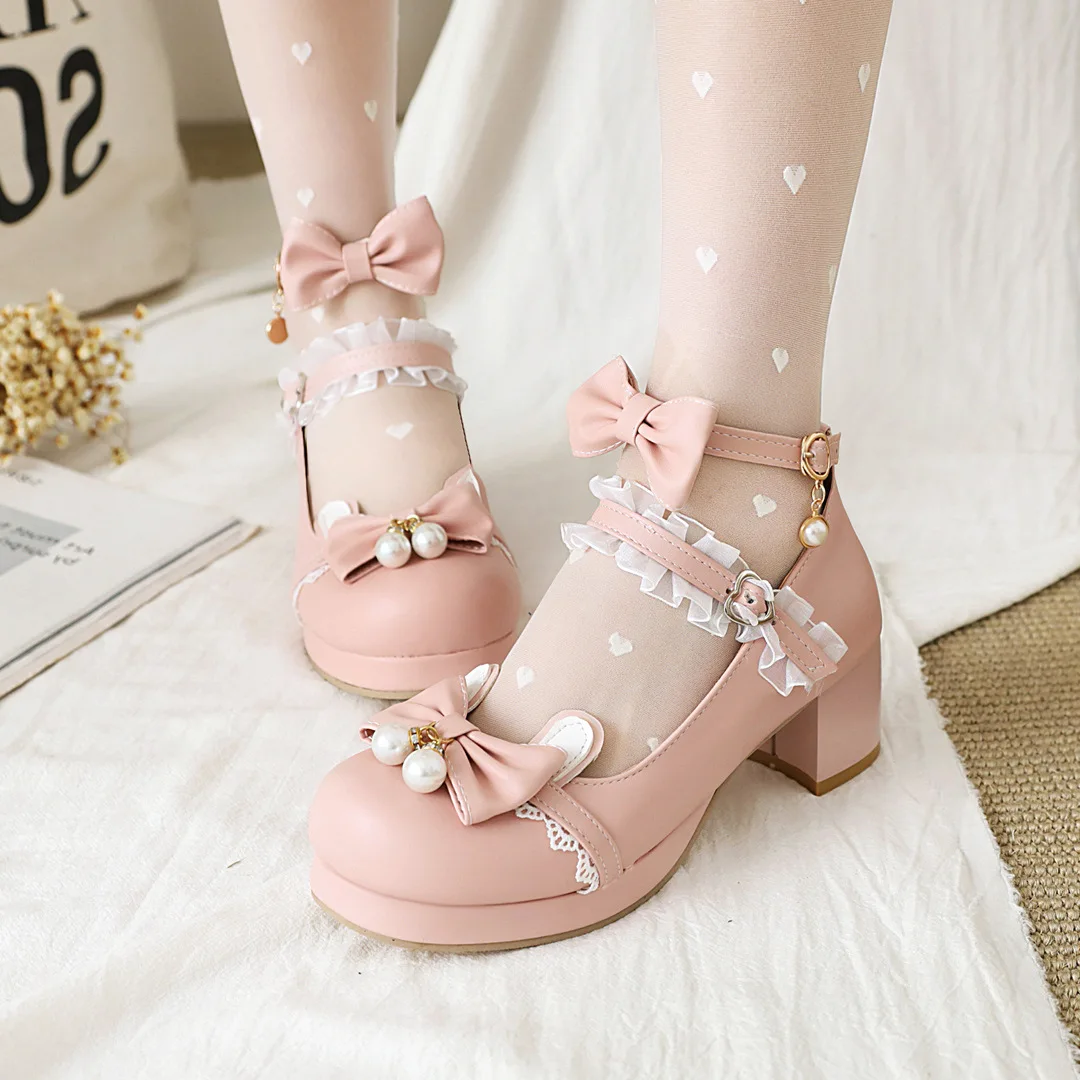 Girls High Heels Women High Heels Mary Jane Pumps Party Wedding Cosplay Ruffles Pink White Black Bow Princess Lolita Shoes 34-43