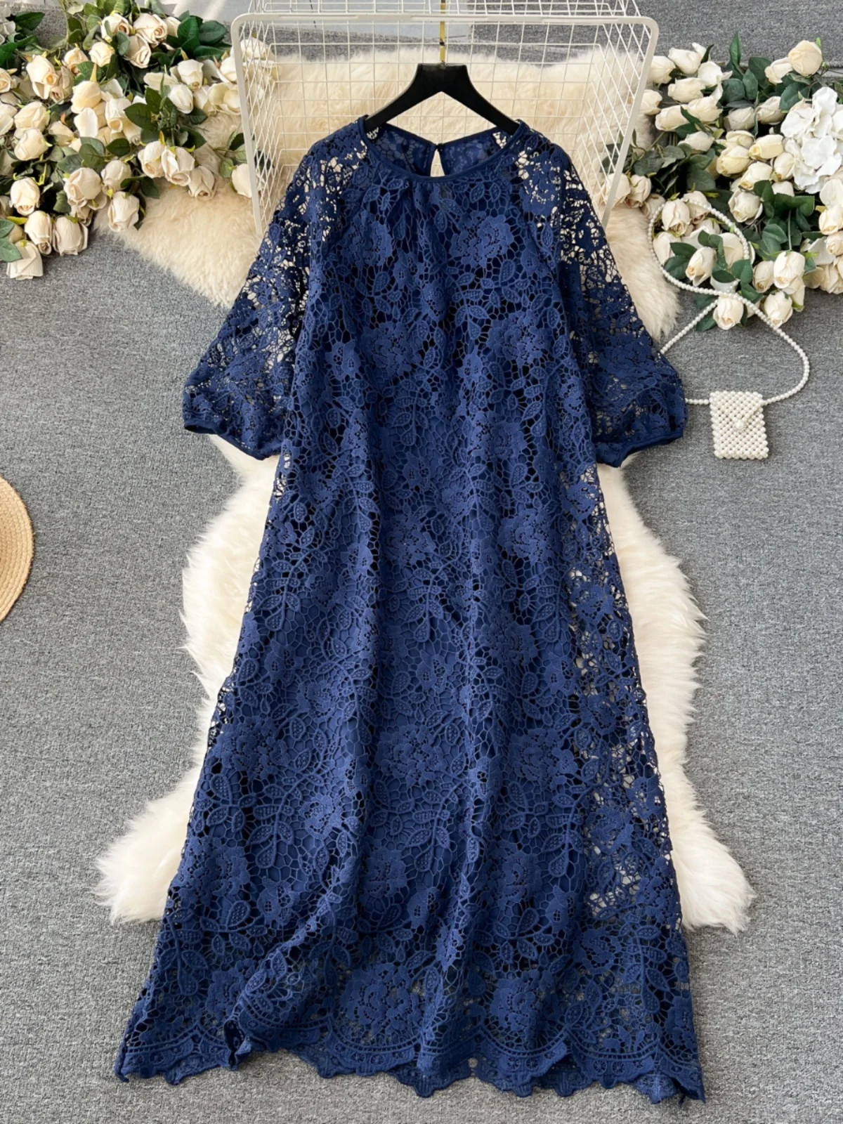 Sweet Lace Dr Women's New 2023 Retro Heavy Embroidery Hollow out Hook Flower Loose Slimming Long Dr Korean Sle Commute