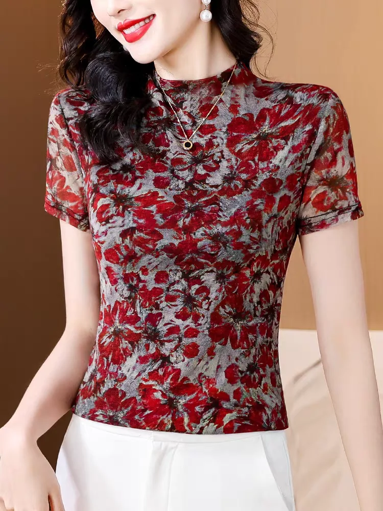 Short Sleeve T Shirt Women Floral Printed Tshirt Thin Summer Vintage Short T-shirt Round Neck Retro Tight Tshirt For Woman