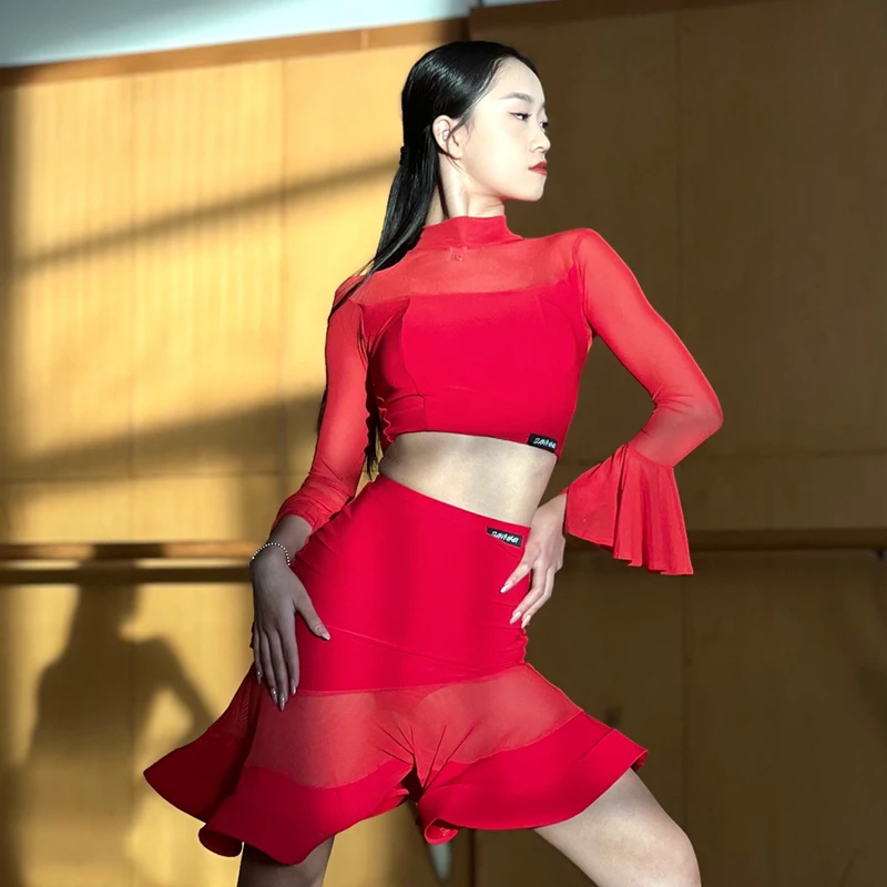 Latin Dance Costume Women Red Tops Skirt Long Sleeves Rumba Dance Wear Adult Club Performance Clothes Dress 2pcs Sets DNV19264