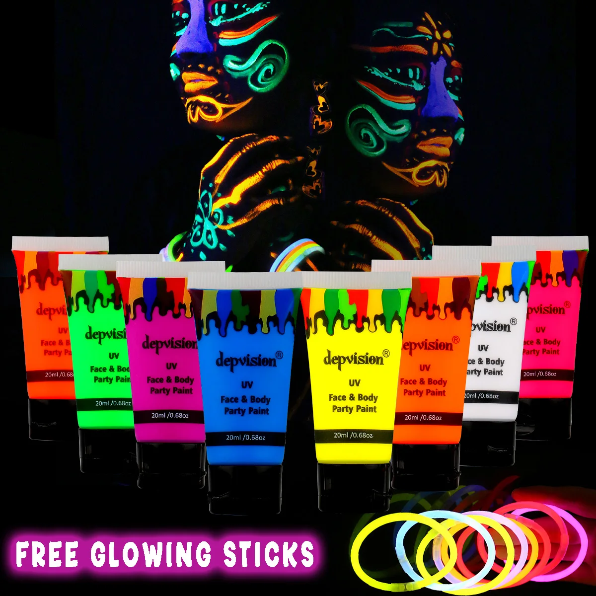 Depvision Glow in the Dark UV Face and Body Paint 8 x 20 ml (0.68 fl oz) Neon Blacklight Reactive Fluorescent for Christmas Hall