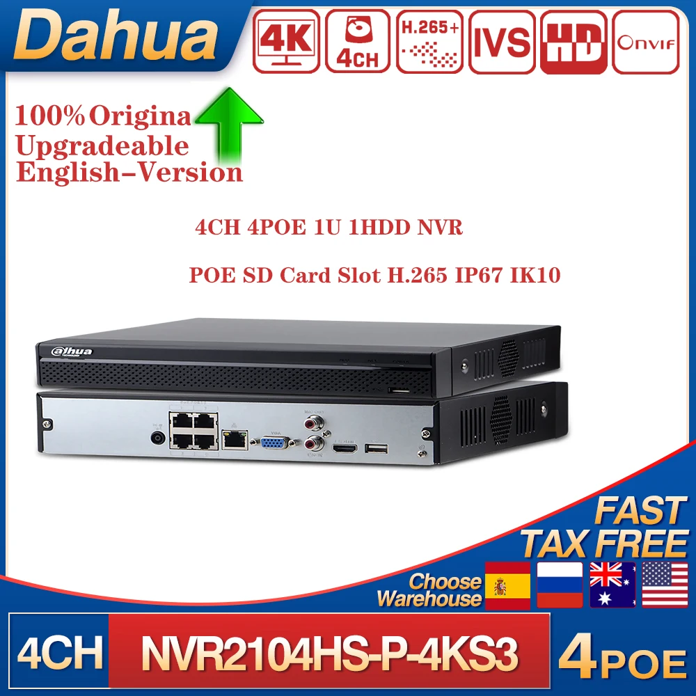 Dahua Original 4K 12MP NVR2104HS-P-4KS3 1 SATA 4 Channel Compact 1U 1HDD 4PoE Network Video Recorder H.265+