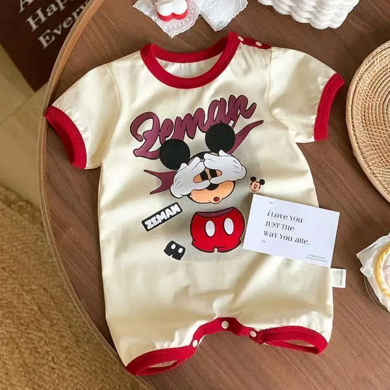 

Летние комбинезоны с короткими рукавами для новорожденных мальчиков, комбинезон с принтом Микки Мауса для девочек, хлопковая детская одежда, одежда для детей 0-3 лет