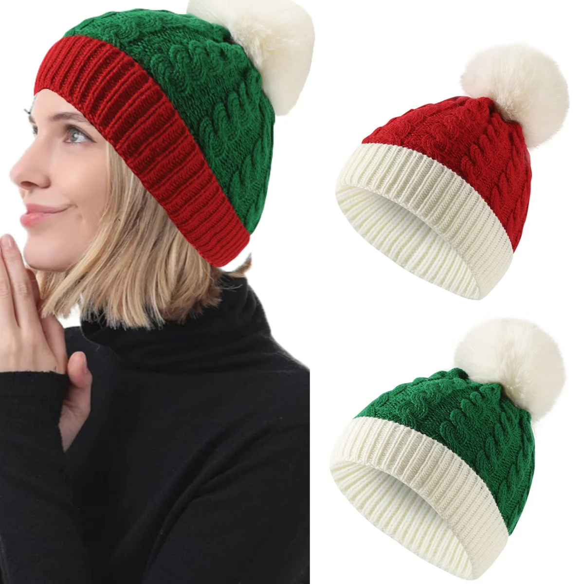 

Unisex Christmas Hat Classic Red and Green Colour Blocking Winter Beanie Hat New Year Party Parent-child Dress Up Knitted Cap
