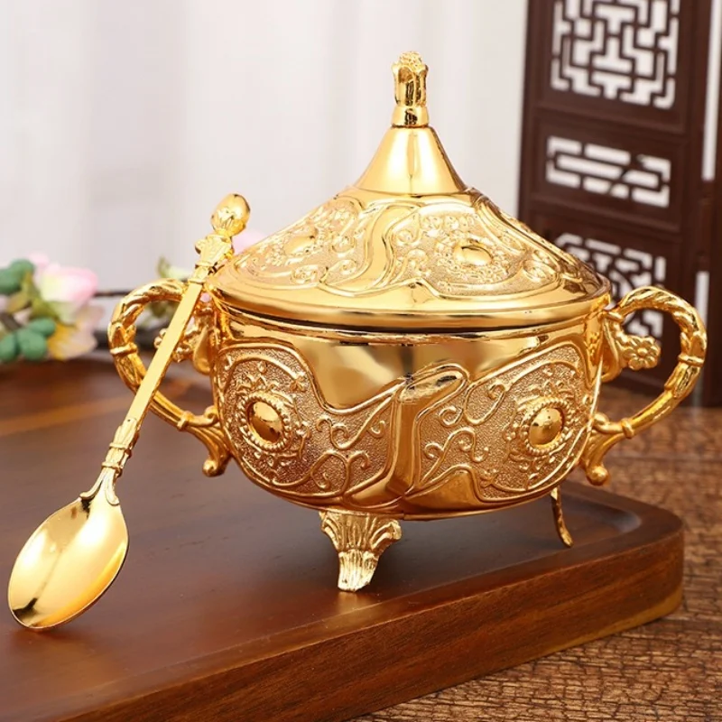 European Style Sugar Jar,Alloy With lid and Spoon Spice Seasoning Container Salt Organizer,Coffee Beans Jar,Kitchen Decorative