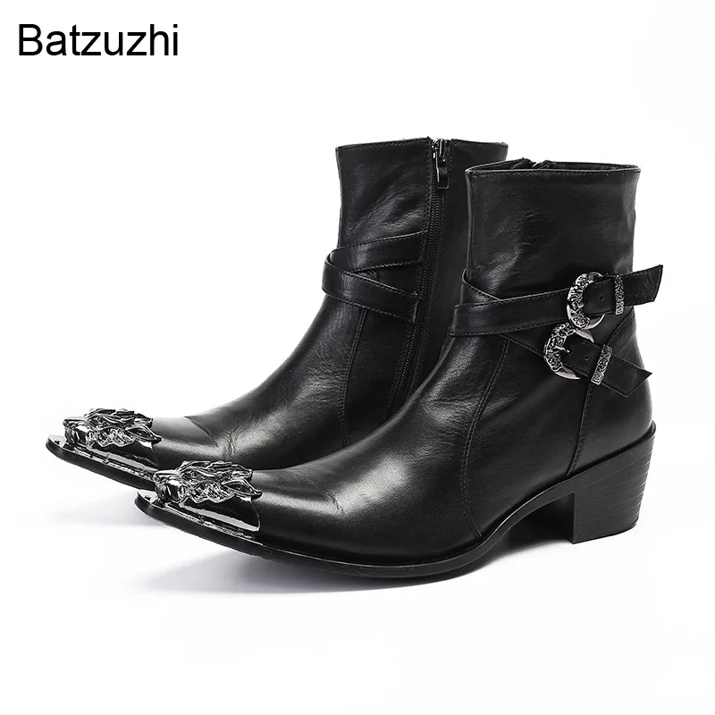 

Batzuzhi Western Cowboy Men Boots Rock Pointed Metal Toe Black Genuine Leather Ankle Boots Men 6cm High Heels Knight/Party Botas