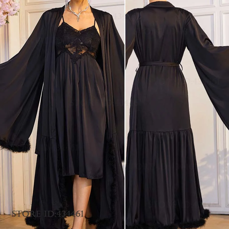 Female Elegant Long Robe Nightgown Set Sexy Hollow Out Lace Nightdress Women's Lingerie Loose Satin Bathrobe Homewear Loungewear