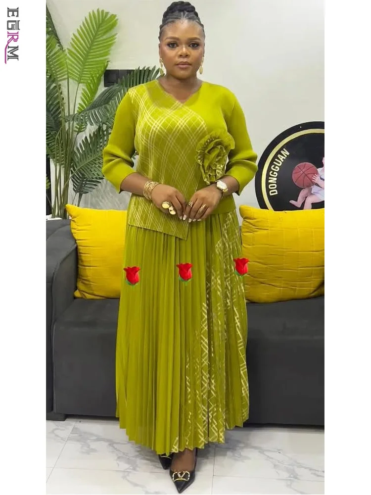 

EGRM EGRM 2025 Summer New Pleated A-line Skirt Sets elegant Mid Top Long Style Waist Cinching Slimming Women Folds Skirt 6G5978