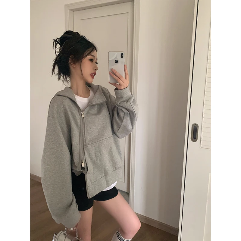 Streetwear Oversized Hoodies Women Side Zipper Hooded Sweatshirt Harajuku Korean Loose All Match Pullovers Clothes Spring Fall