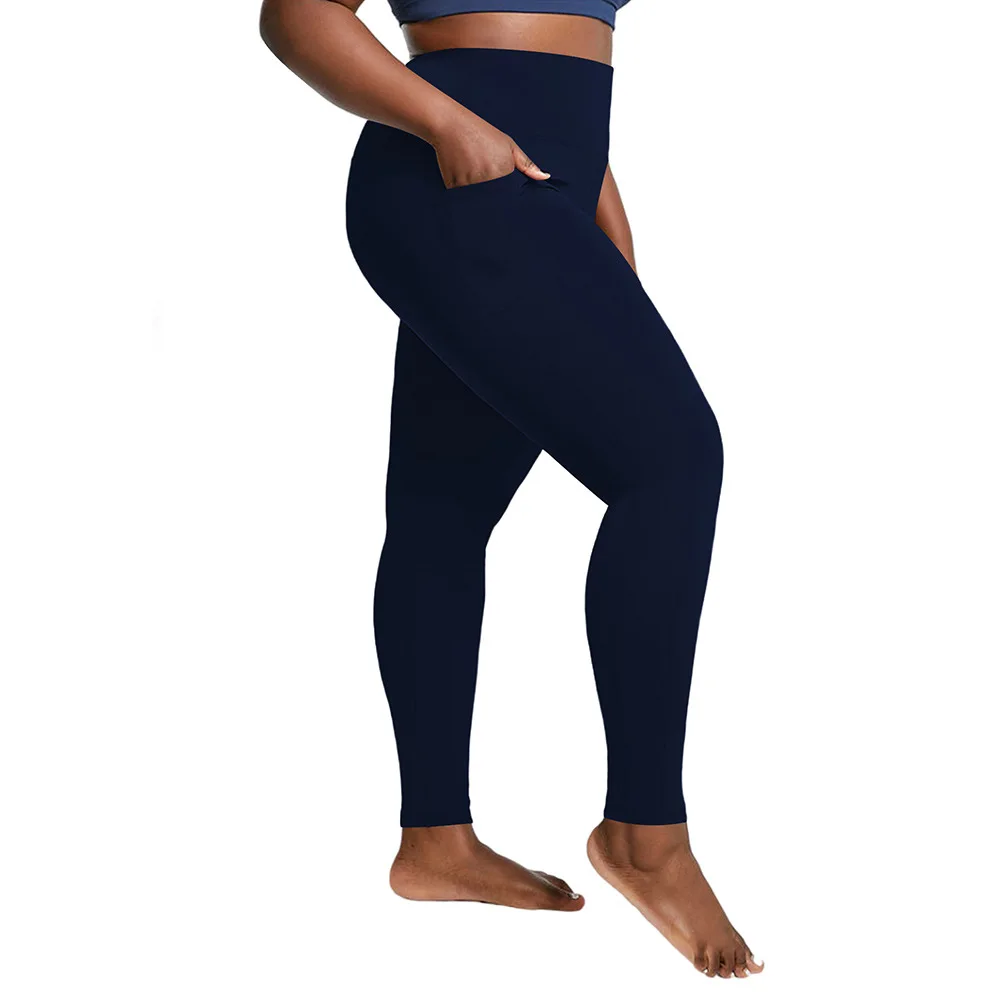 �Damen-Yoga-Leggings in Übergröße mit hoher Taille und Taschen | Bauchkontrollierende, hüftbetonte Workout-Strumpfhose in einfarbigen Farben für das Fitnessstudio – Detail 6