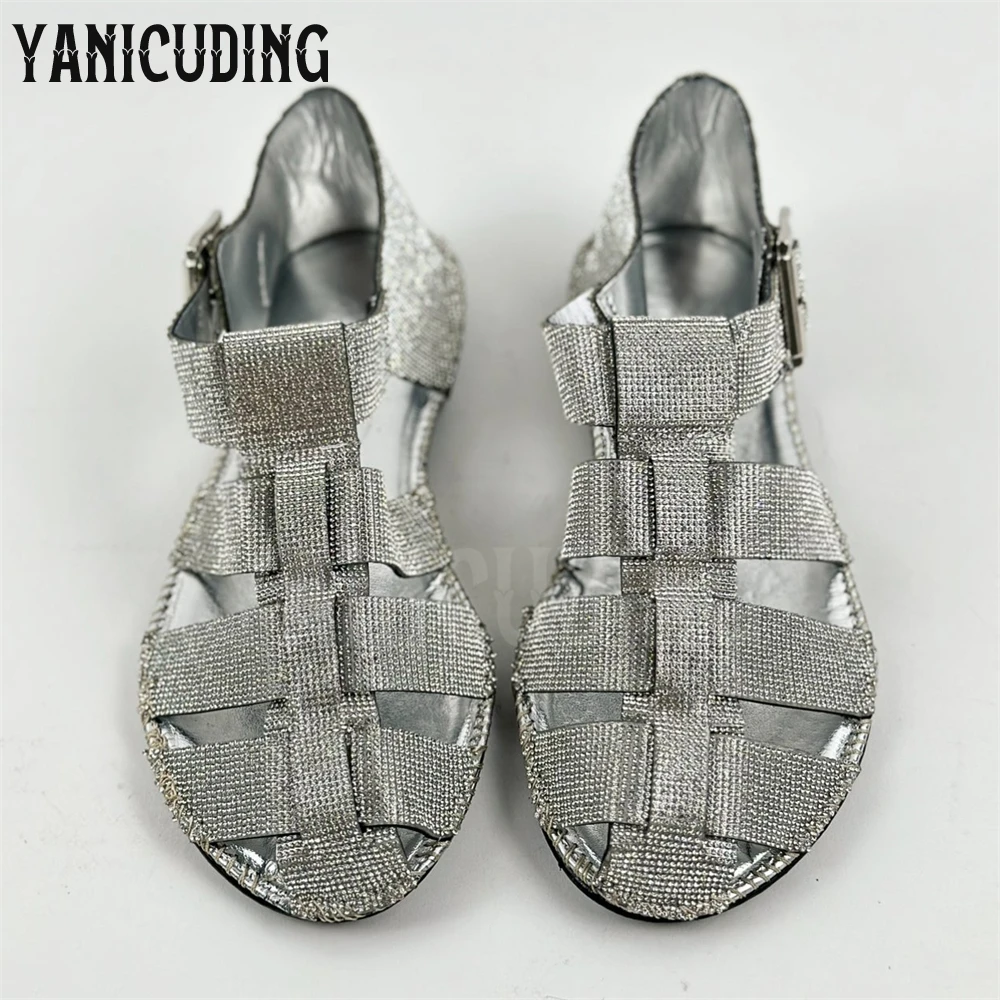 Full Rhinestone Flat Gladiators Silver Square Buckle Ankle Strap Sandals Comfortable Luxury Handmade Women Sandals Custom Colors