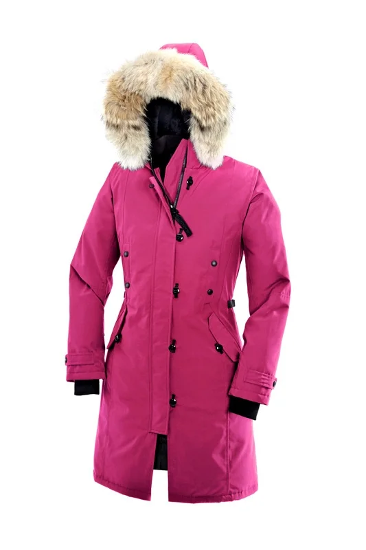 Lange Daunenjacke für Damen, warmer Wintermantel. Berühmter Designer-Design. Hochwertiger, schlankmachender Wais-Kapuzenmantel der Luxusmarke