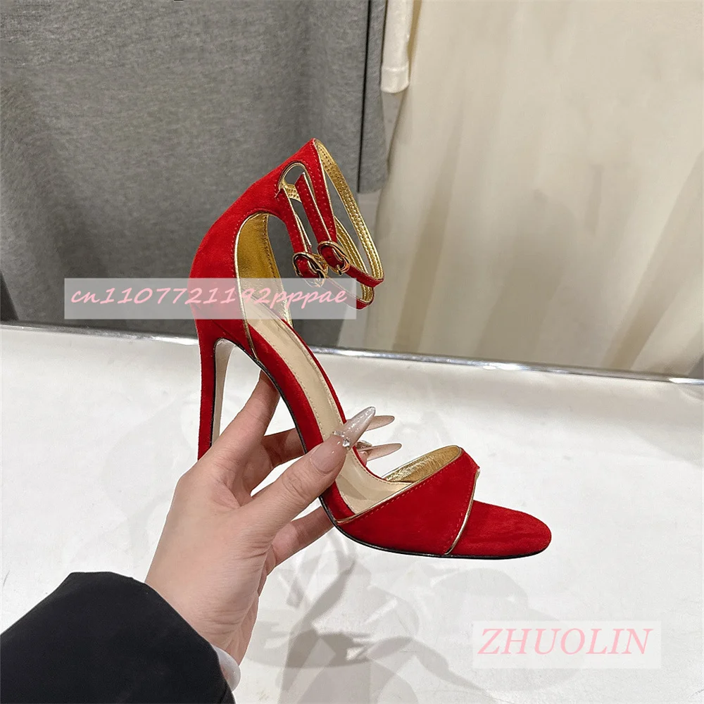 

2026 Summer Gold-Trimmed Red Suede High Heels Women'S Open-Toe Stiletto Buckle Strap Sandals Fashion Dress Shoes Zapatos Mujer