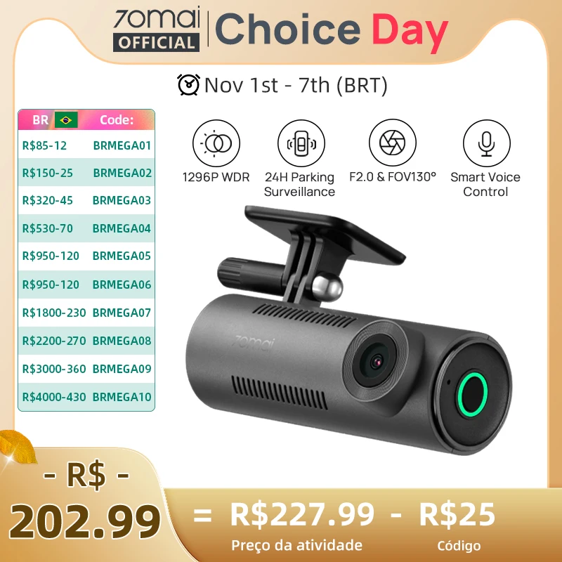 70mai Dash Cam M310 1296P Visão noturna F2.0 Abertura 70mai M310 Carro DVR 24H Monitor de estacionamento WIFI e controle por aplicativo