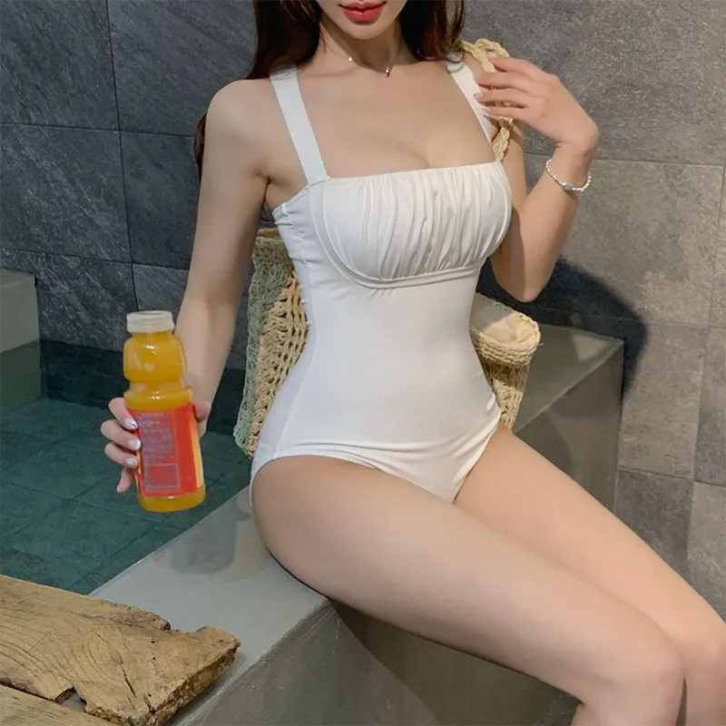 Women One Piece Sexy Swimsuit Pure Color White Summer Ladies Bathing Suit Padded Wide Strap Corss Back Monokini 2023 New Arrival