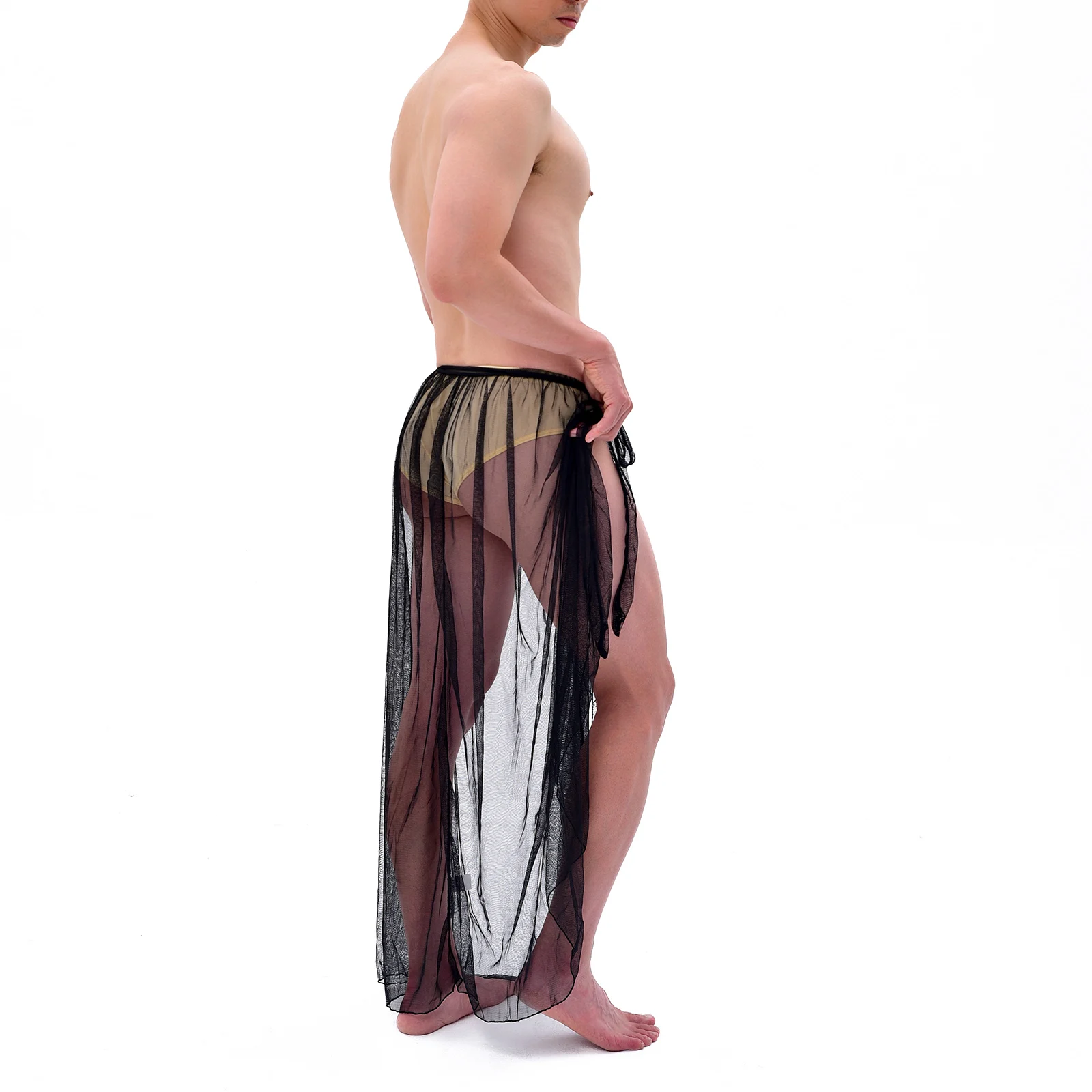 CLEVER-MENMODE Men Pajamas Sexy Mesh Sleep Bottoms See Through Long Sleepwear Culottes Transparent Side Spilt Nightdress