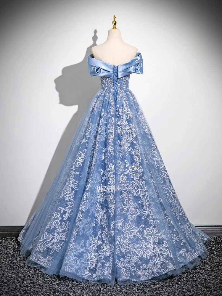 ブルーウエディングイブニングパーティードレス女性オフショルダーアップリケゲストウェディングドレス豪華なカスタマイズされたフォーマルな機会のドレス