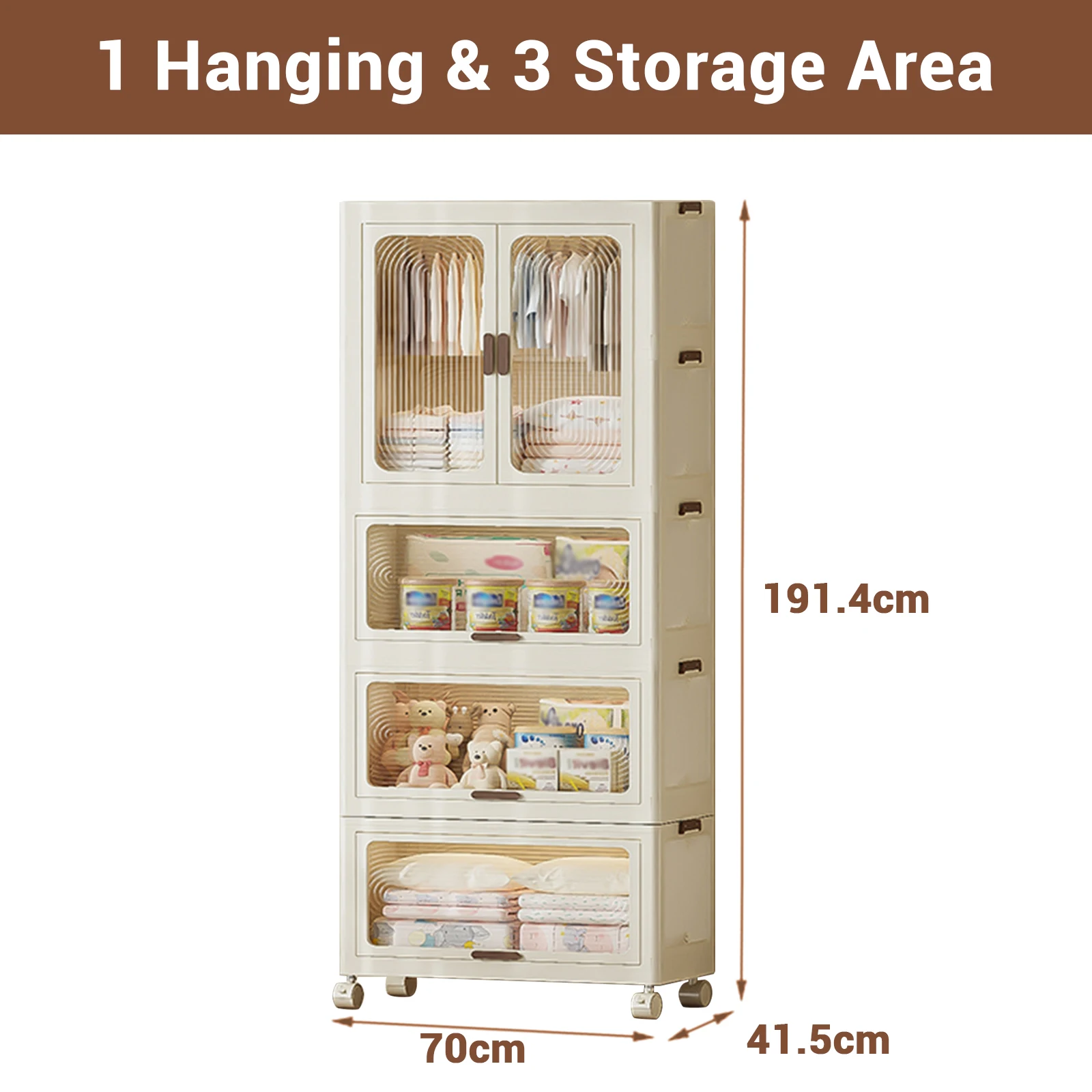 70cm Breite Stapelbare Aufbewahrungsboxen mit Deckeln Magnetische Türen Räder Zusammenklappbare Kunststoff-Schubladenorganizer für Wohnzimmer Kleiderschrank – Detail 3