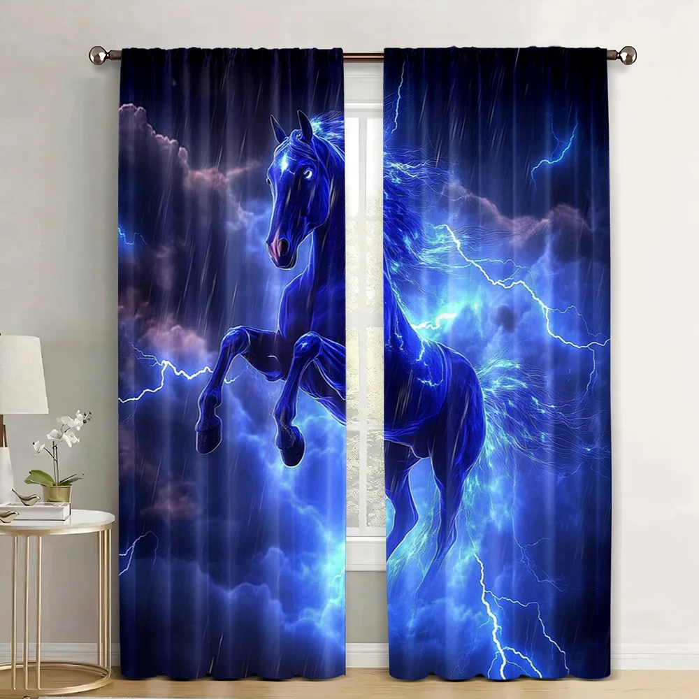 2Pcs Lightning Curtains For Bedroom Galloping Horse Draperies For Living Room Black Horse Window Treatment Curtains_ai5