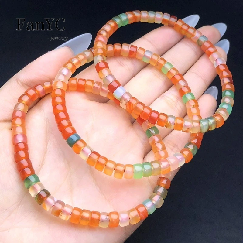 Natural Chalcedony Straight-Cut Rainbow Agate Bracelet High-Translucency Half-Mountain Half-Water Bead Bracelet Ladies' Gifts
