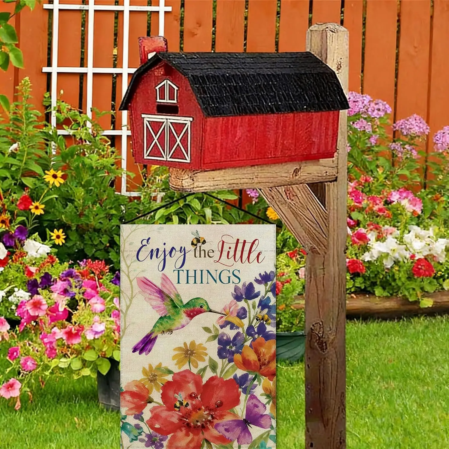 Enjoy The Little Things Spring Summer Garden Flag, Floral Hummingbird Butterfly Bee Double Sided 12x18 Inch Burlap Outdoor D WWP