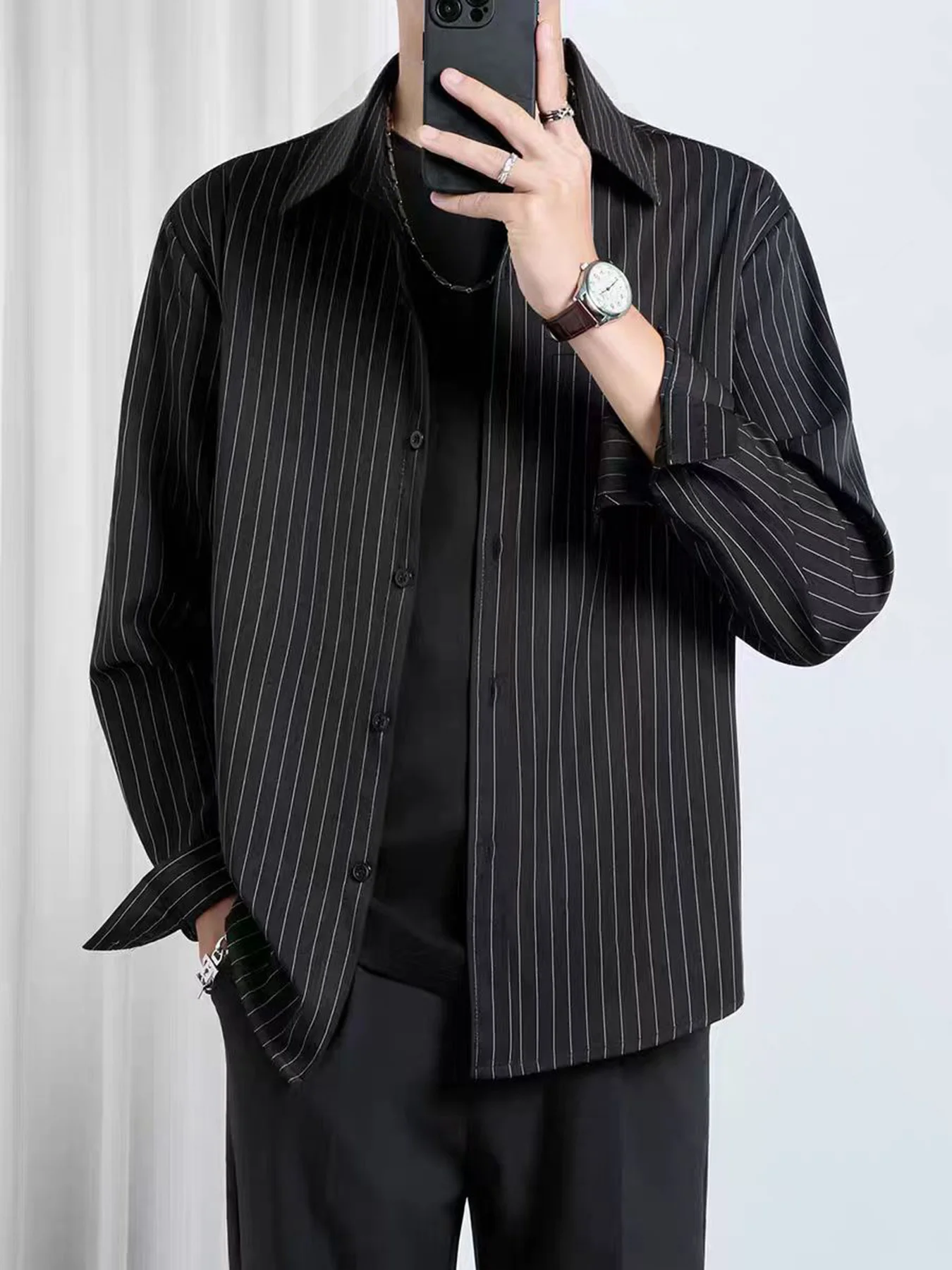 

Весенне-осенняя новая мужская рубашка с длинными рукавами, тонкая модная рубашка, молодежная мужская модная полосатая повседневная рубашка