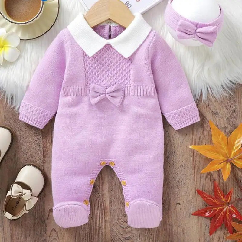 

Autumn Winter Baby Clothes Cute Girl Infant Knitted Bow Long Sleeve Lapel Jumpsuit Solid Kids One-piece Fashion Toddler Romper