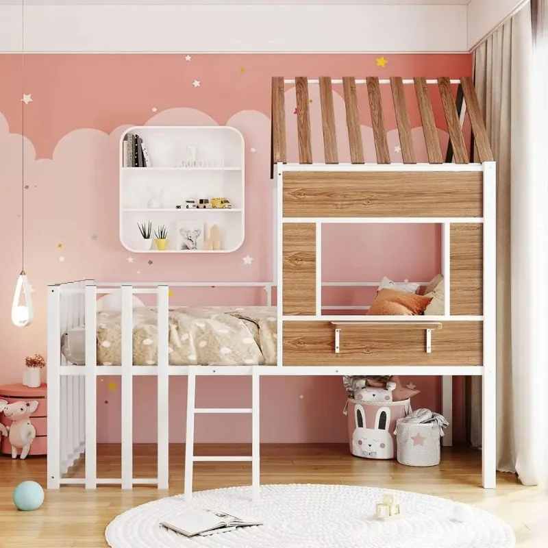 Harper & Bright Designs Kids House Beds Low Lot Bed e with Roo, Window, Guardrail and Ladder, Metal Twin Size Lot Bed or Kids Te
