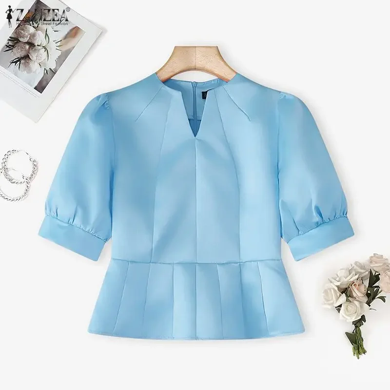 ZANZEA élégant OL Satin Blouse mode manches bouffantes chemise 2026 été femmes col en v solide élégant tunique hauts bureau dame Blusas