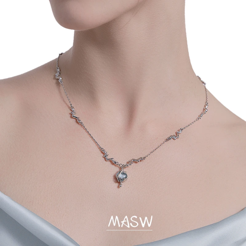 MASW Original Design Ocean Blue Tear Necklace For Women Senior Sense High Quality Brass Silver Color Necklace Jewelry Gift