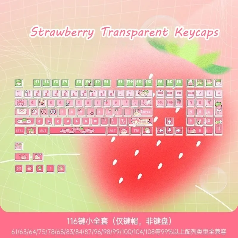 

Cute Strawberry Theme Keycap for Mechanical Keyboard Kawaii Pink 116 Keys Keycap Set PBT Thermal Sublimation Transparent Keycap
