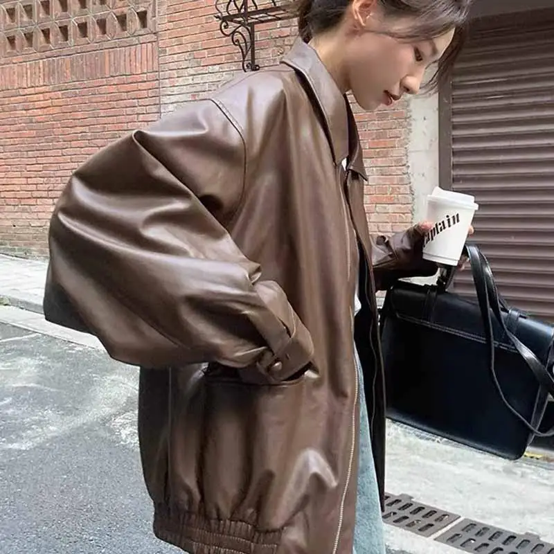 Retro Brown Leather Jacket Women's Hong Kong Style New Spring Autumn High Loose American Retro Motorcycle Jacket Top