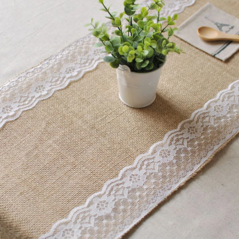 Lace Table Runner Retro Natural Jute Lace Burlap Table Runners For Country Wedding Event Party Dining Table Cover Decoration