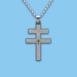 Cross of Lorraine Pendant with Lord's Prayer Words Bible Verse Catholic Christian Religious Stainless Steel Necklace Crux Vera