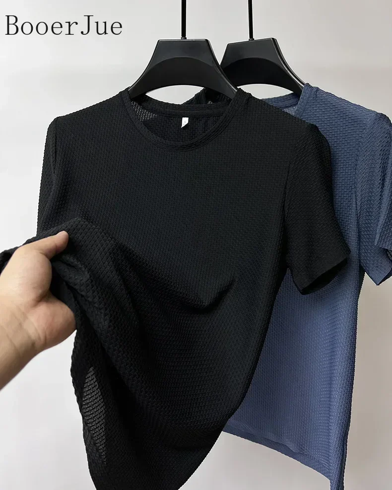 Markenkleidung 6XL Sommer Eisseide Hochwertige Einfarbige Kurzarm-T-Shirts für Herren Atmungsaktives Modisches T-Shirt für Männer – Detail 7